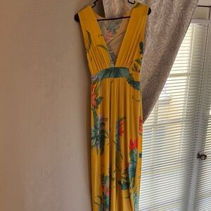 Fashion Nova Yellow Tropical V-Neck Maxi Dress/Romper